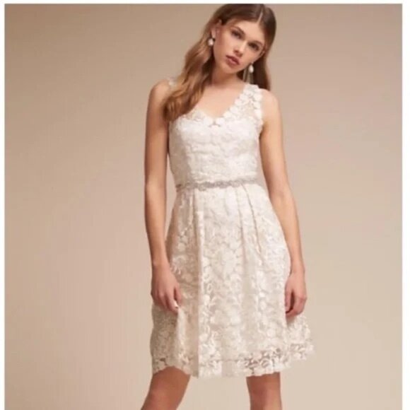 BHLDN Collins Mini Wedding Dress Floral Embroidered Silk A-Line Ivory White 16 - Picture 1 of 16